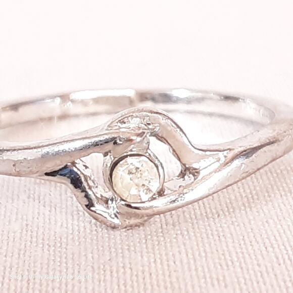 Slender Ring Silver Tone Metal Cradling Single Clear Stone - Picture 8 of 10